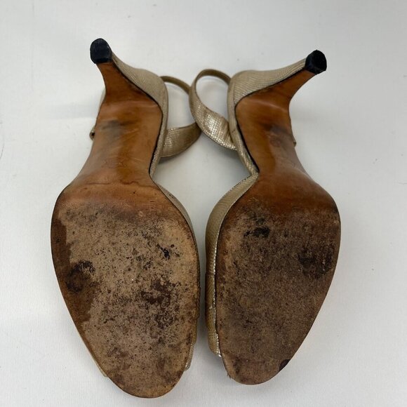 Salvatore Ferragamo Gold Peep Toe Sling Back Heels Size 8.5 Made In Italy - Picture 6 of 11